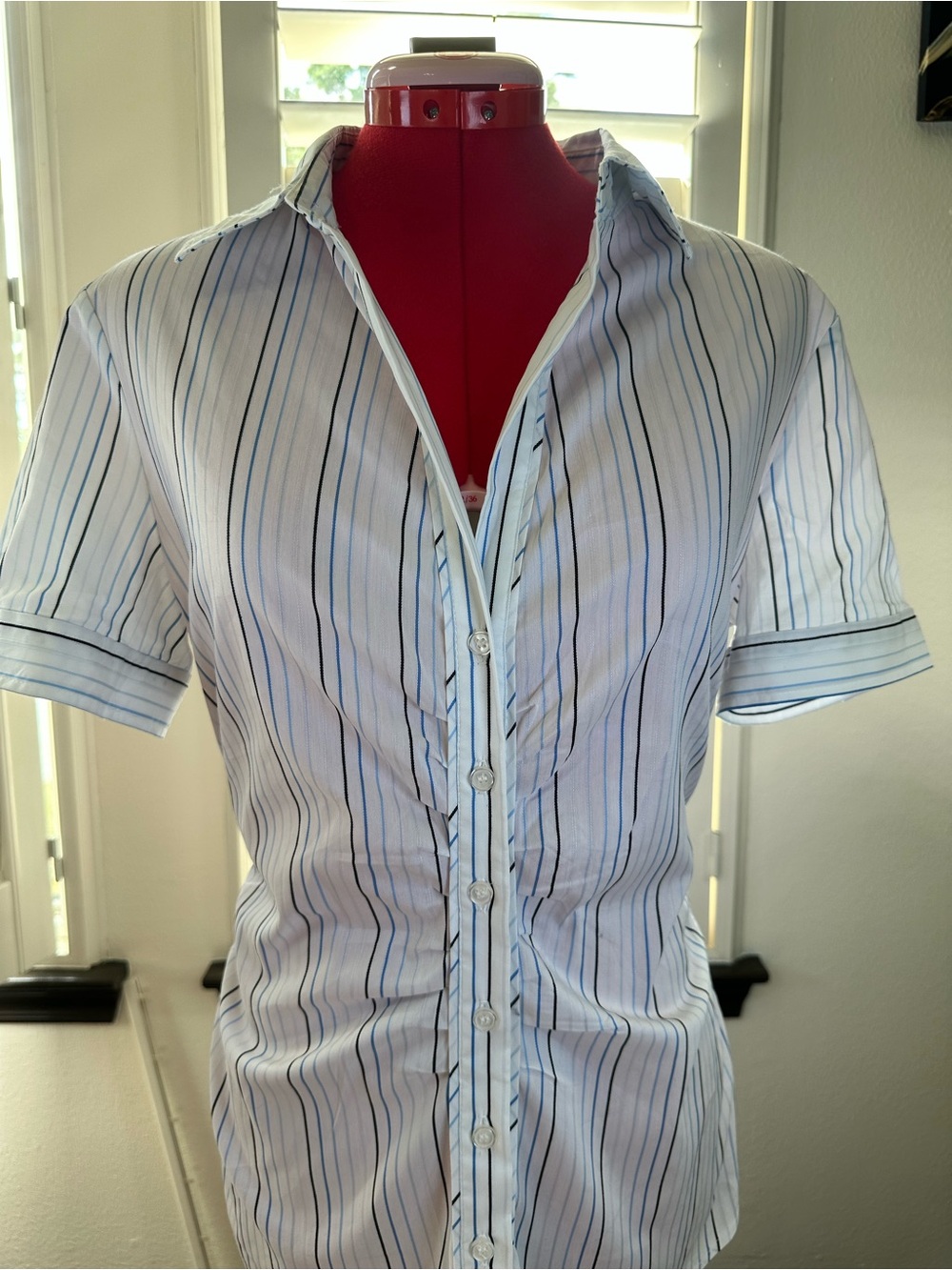 New York & Company White Button-Down Shirt with Blue Pinstripes